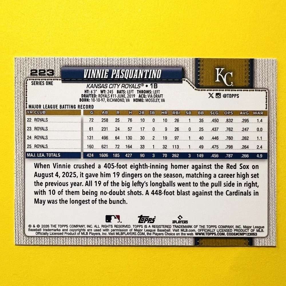 2026 Topps Series‎ 1 Vinnie Pasquantino #223 Kansas City Royals Base Card